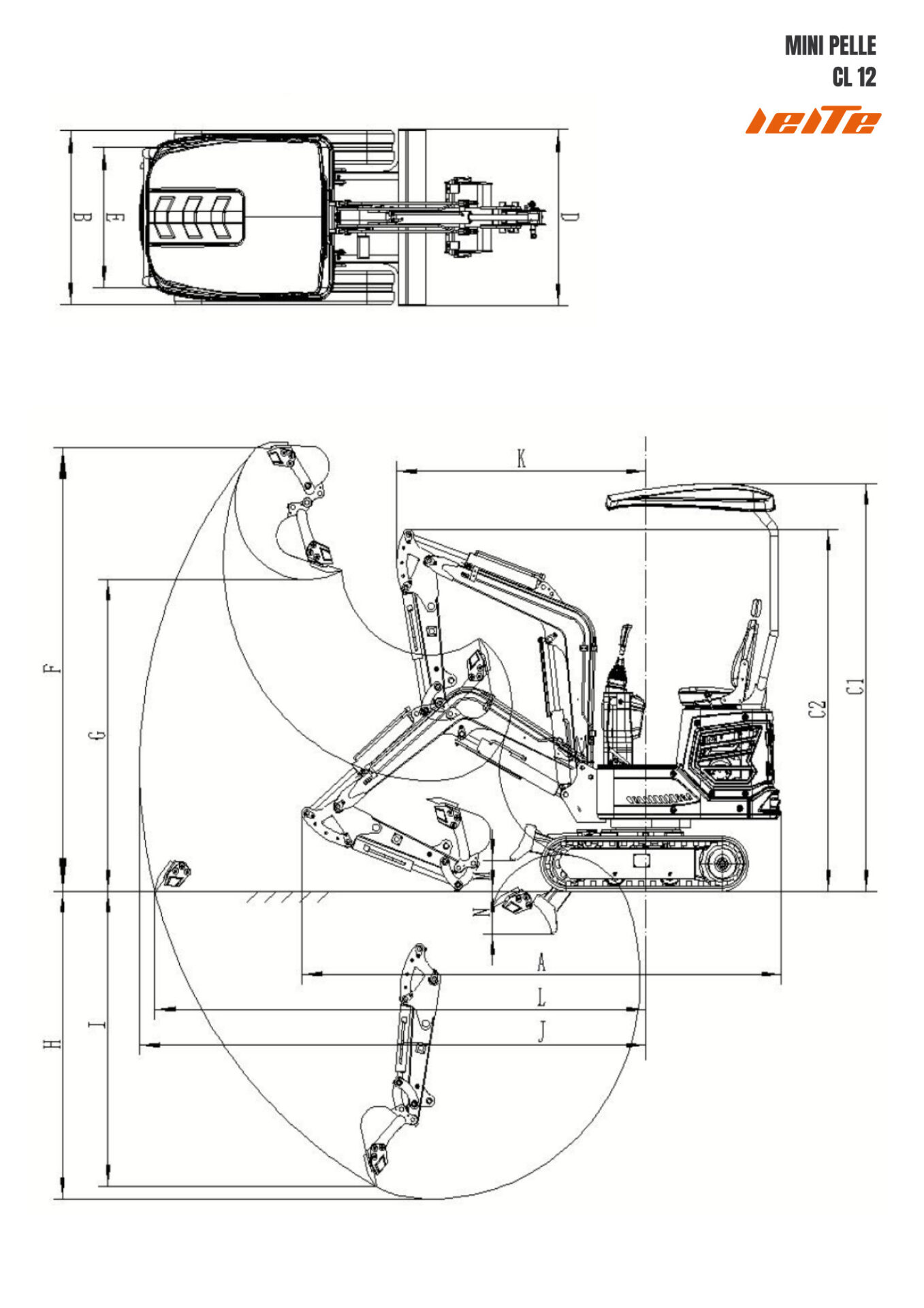 especificaciones y dimensiones miniexcavadora CL12 Leite
